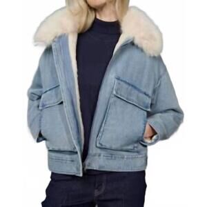 NEW PICADILLY faux-fur trim zip-front jacket in denim blue/white
